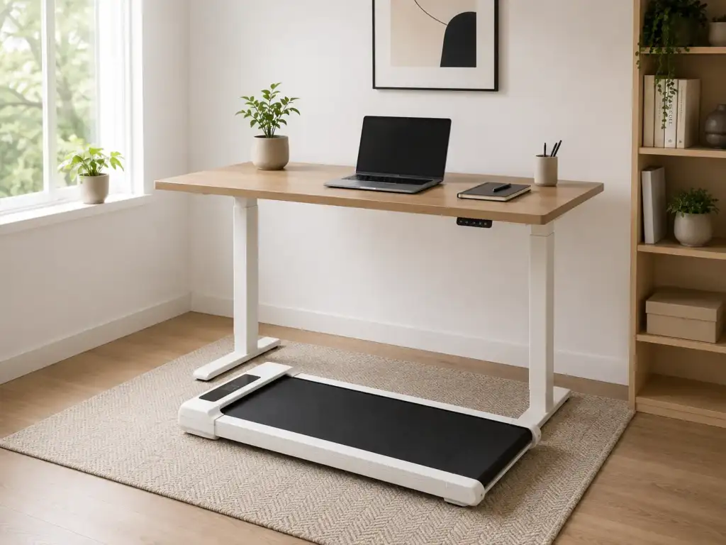 A slim white walking pad positioned under a standing desk in a minimal home office with a laptop and plant on the desk surface