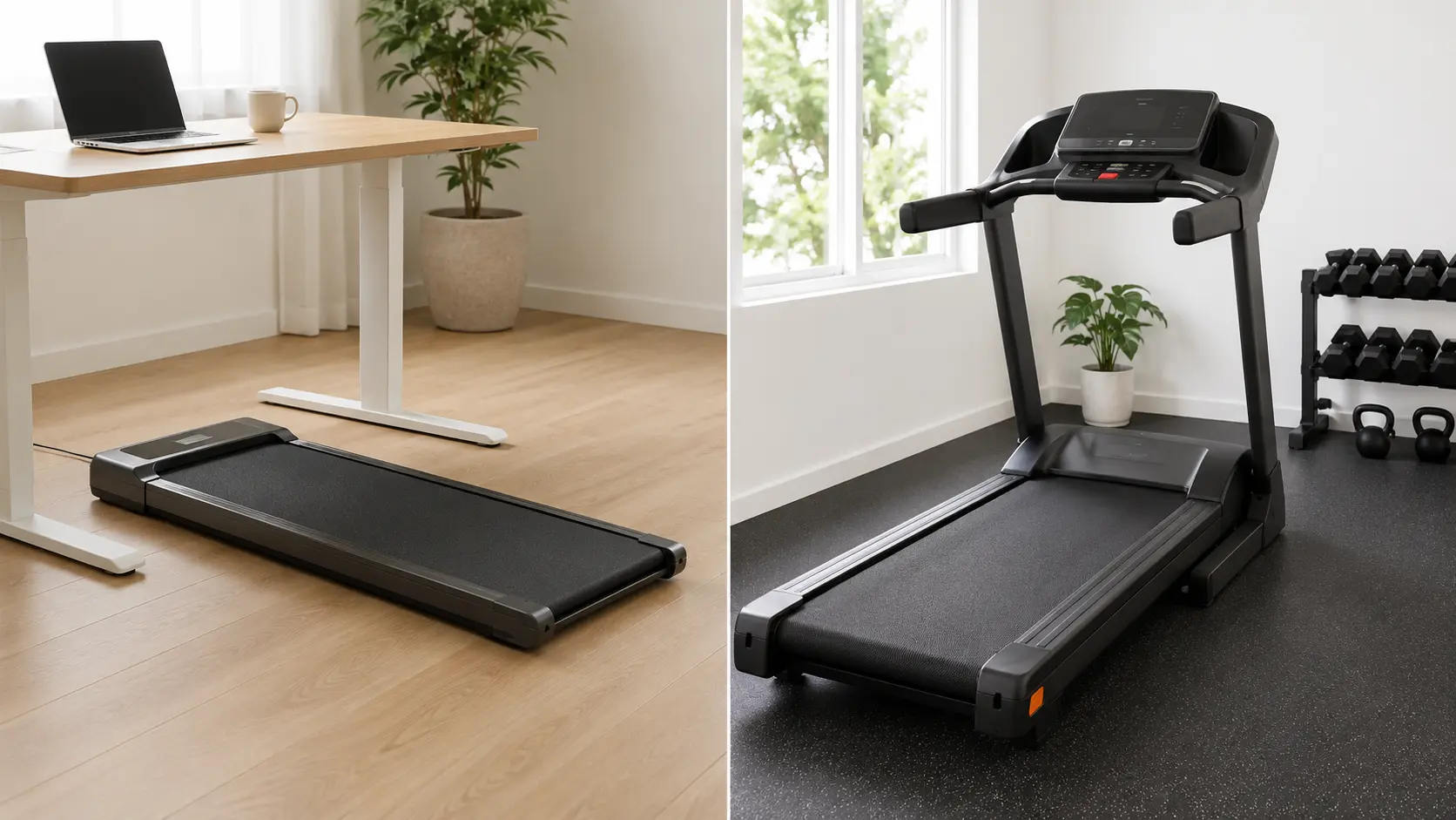 Walking pad vs treadmill comparison showing a compact walking pad in a home office setup and a full-size treadmill in a home gym