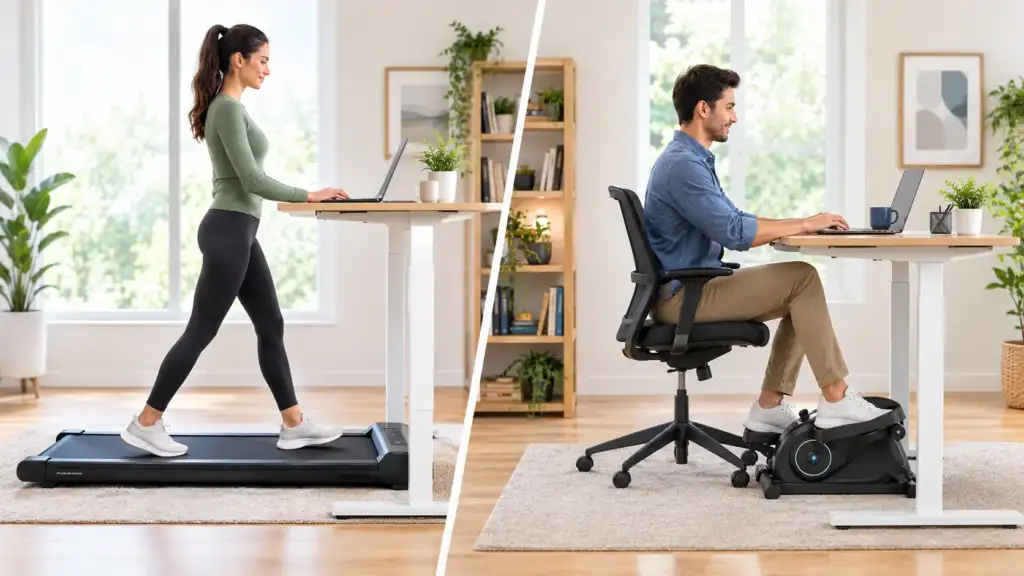 walking pad vs under desk elliptical side by side in a home office